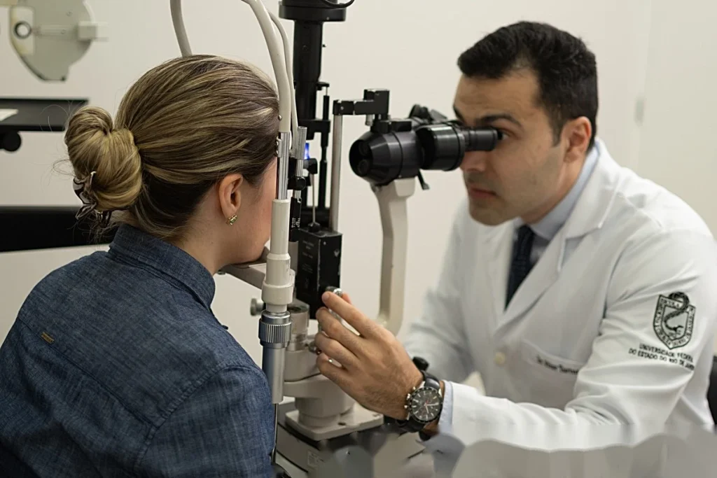 Dr. Vitor Torturella em avaliação com biomicroscópio — cirurgia refrativa São João de Meriti