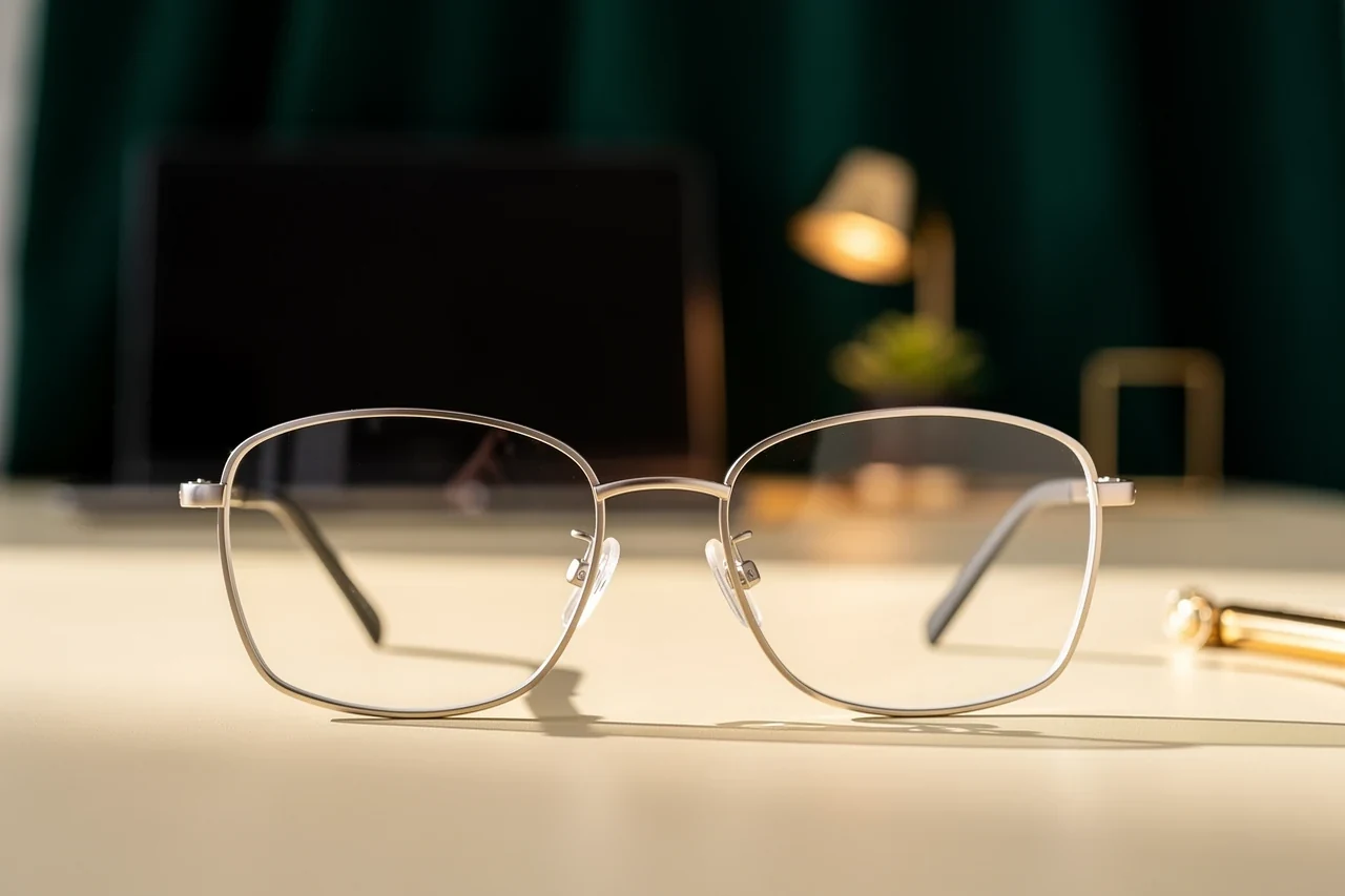 Óculos de lentes claras em primeiro plano, com estação de computador desfocada ao fundo