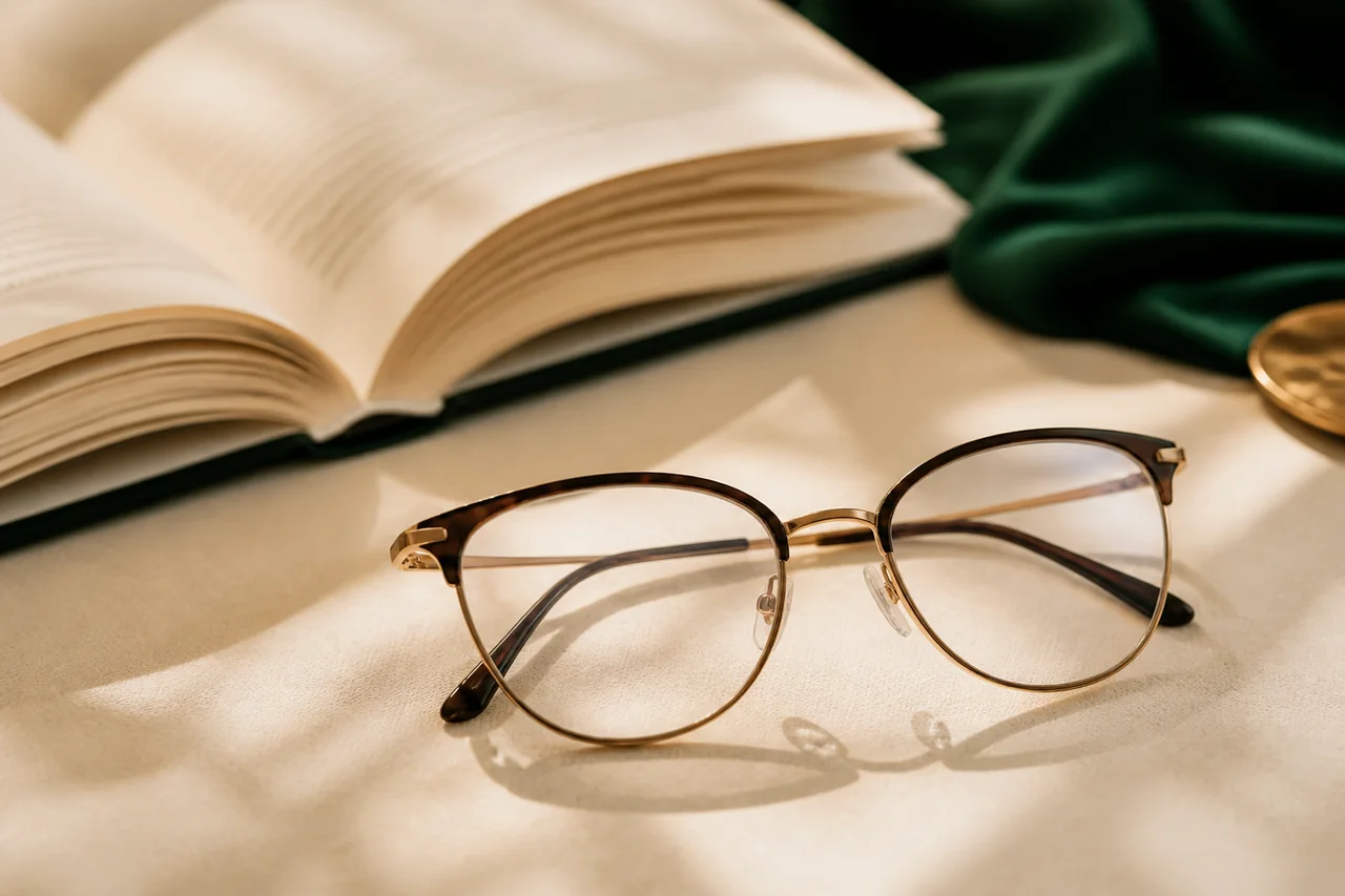 Óculos de leitura apoiado sobre livro aberto em composição editorial