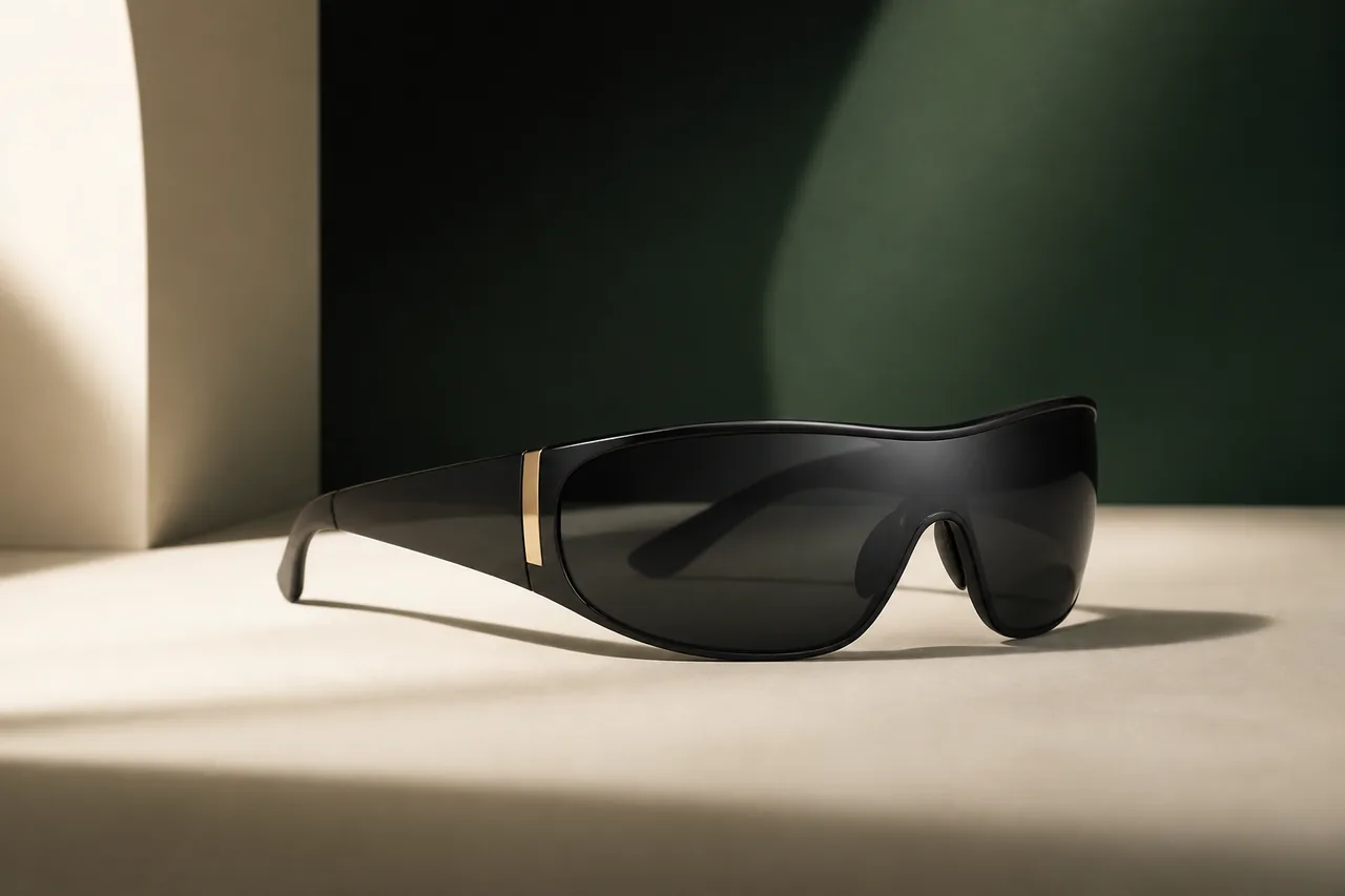 Óculos de sol com lentes escuras e cobertura ampla em composição editorial