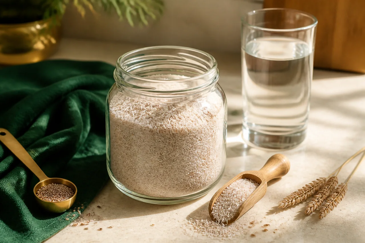 Psyllium em grãos e em copo com água em composição editorial