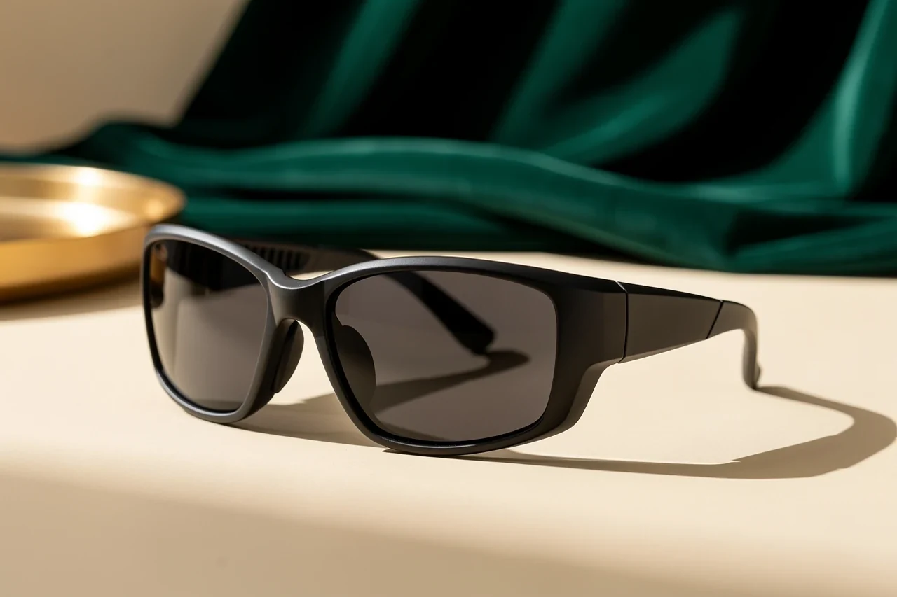 Sobre-óculos preto de lentes escuras com proteção lateral fechada, em composição editorial